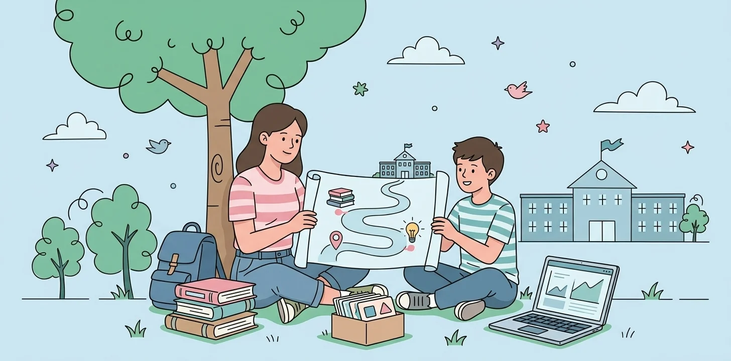 Parent and child sitting under a tree reviewing a study plan together with books and a laptop nearby