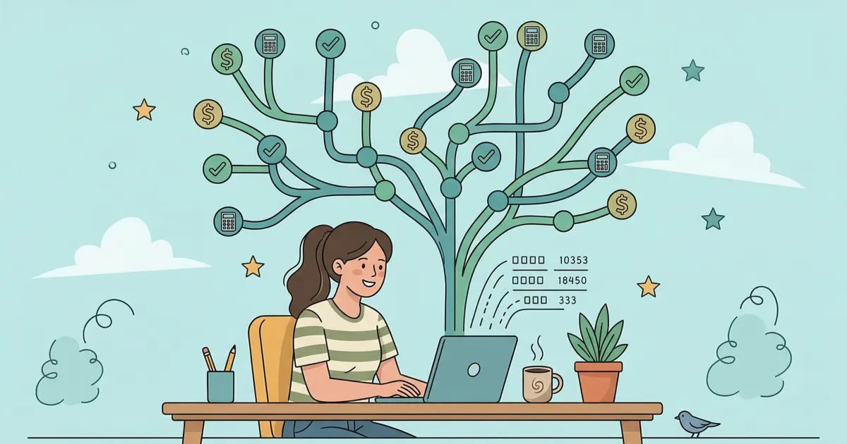 Illustration of a person at a laptop with a Git-like tree of financial records growing behind them